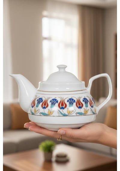 Altın Yaldızlı Porselen Demlik Kırmızı Lale Desen 650 Ml Beyaz