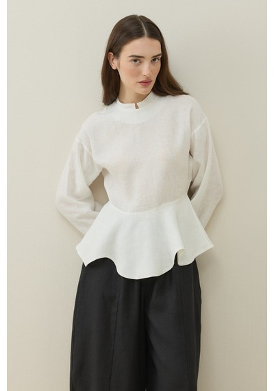 Molene Ekru Hakim Yaka Peplum Keten Bluz