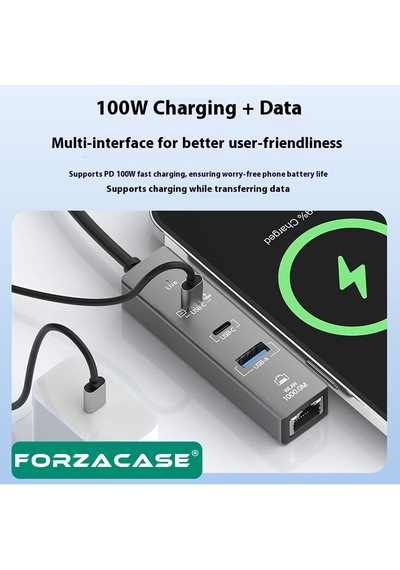 Forzacase Notebook Apple Uyumlu MacBook Type-c 4in1 Ethernet Usb 3.0 100w Pd Çevirici Hub Fc1165
