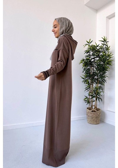 Kahijab Kapüşonlu Merserize Elbise - Kahverengi