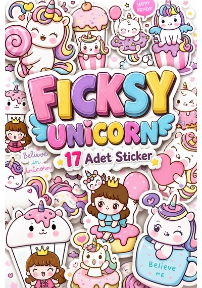 Sevimli Kawaii Unicorn At Ve Kedi Doğum Günü Temalı Sticker Seti - 17 Adet Etiket Çıkartma Diğer