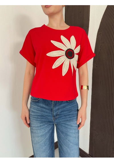 Verymoda Çiçek Detaylı Tişört D2910 Kirmizi