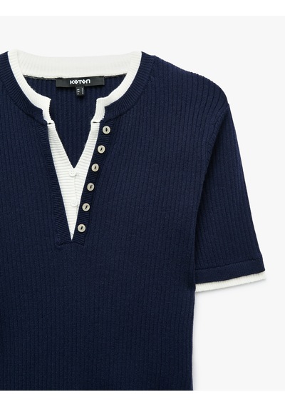 Koton Regular Fit Kısa Kollu Katmanlı Henley Yaka Düğmeli Triko Kazak Lacivert 7wak90467ht