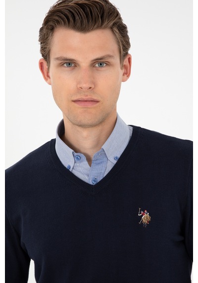 U.S. Polo Assn. Erkek Slim Fit V Yaka Lacivert Basic Kazak 50288885-VR033