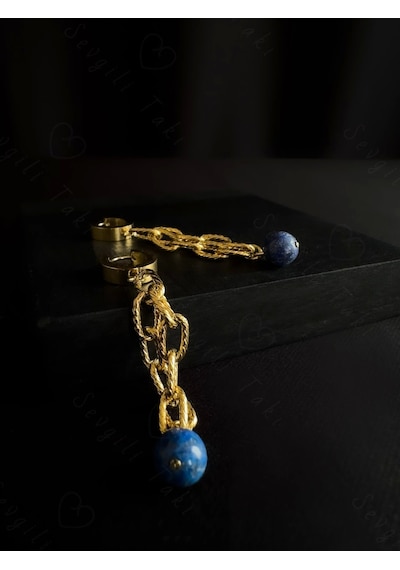 Lapis Lazuli Doğal Taşlı Gold Çelik Küpe Sevgili Takı Koleksiyonu Gold