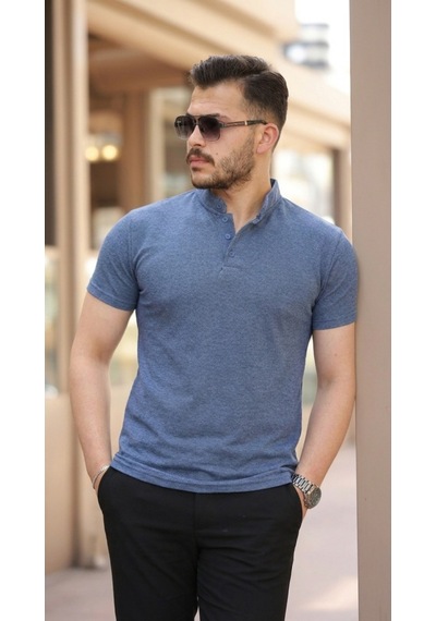 Veraura Lifestyle Erkek Hakim Yaka Dokuma Pamuklu Kumaş Kısa Kollu Tişört Indigo
