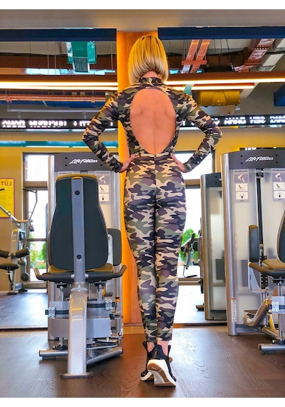 Lismina Haki Yeşil Kamuflaj Uzun Kollu Sırt Dekolteli Spor Tayt Tulum