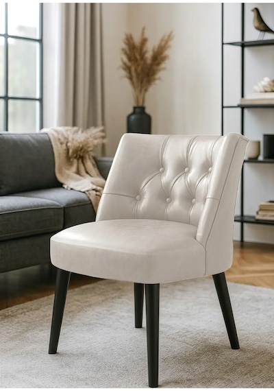 Waterybrook Berjer Sandalye - Kapitoneli Suni Deri - Siyah Ahşap Ayaklı - Retro Modern Tasarım Krem