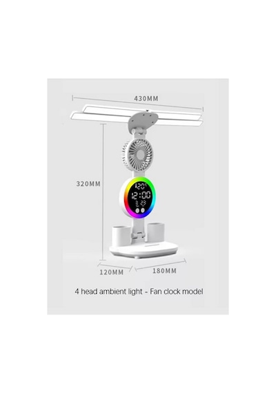 Multifonksiyonel 4 Başlıklı 3 Renk Ve Ton Ayarlı Masa Lambası Kalemlik Saat Takvim Sıcaklık Göstergesi Rgb Led Işıklı 3 Hız Kademeli Vantilatör Fan Telefon Tutucu