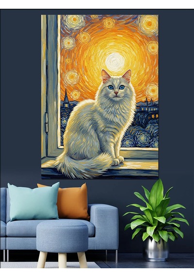 Van Gogh Stili Pencereden Bakan Beyaz Kedi Dekoratif Kanvas - Mdf Ahşap Tablo