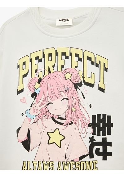 Koton Pamuklu Uzun Kollu Bisiklet Yaka Anime Baskılı Sweatshirt Ekru 7wkg10053ak