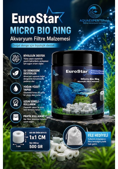 Eurostar Akvaryum Filtre Malzemesi - Micro Bio Ring - Üstün Bakteri Tutuşu - Özel Plastik Kutulu - File Hediyeli - 500 Gr