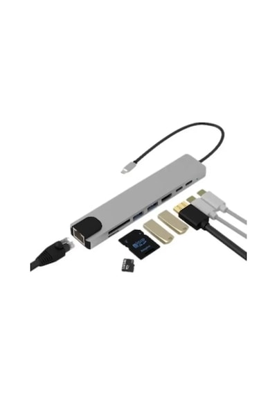 Type C Çoklu Port Hub 8 Port Usb Hdmı Sd Kart Ethernet Adaptör