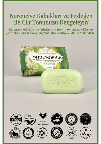 Philosophia Breeze Cilt Tonu Eşitleyici Narenciye Kabuğu, Fesleğen Klorofil Katı Sabun 250 G