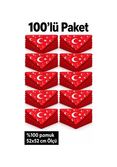 Herşeynota 100 Lü Türk Bayrağı Desenli Kırmızı %100 Pamuk 52x52 Cm Fular Bandana Seti Çok Renkli