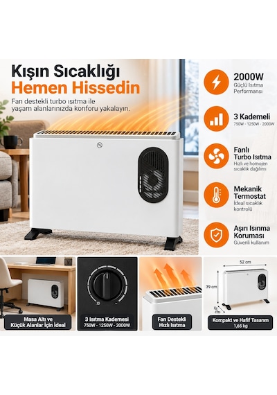 2000W Fanlı Konvektör Isıtıcı 3 Kademeli Turbo Elektrikli Isıtıcı Mekanik Termostatlı