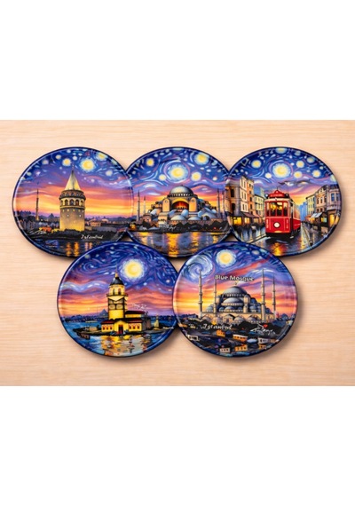 Upeka 5'li İstanbul Temalı Van Gogh Tarz Hediyelik Metal Tabak Magnet Set Kutulu 5cm Adet-5 Adet