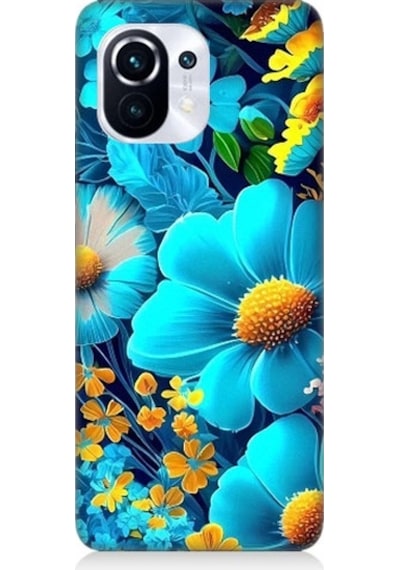 Xiaomi Mi 11 Pro Uyumlu Mavi Sarı Çiçekler Desenli Silikon Kılıf