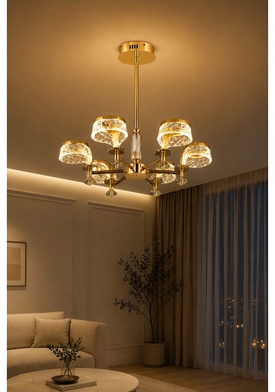 6'lı Modern Premium Gold 3 Renkli Ledli Sarkıt Avizesi Salon Mutfak Oturma Odası Şık Modelleri 28w