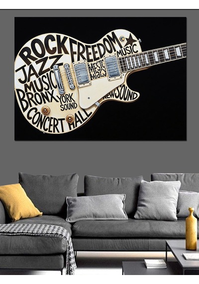 Gitar Şeklinde Yazılarla Rock Müzik Dekoratif Kanvas - Mdf Ahşap Tablo