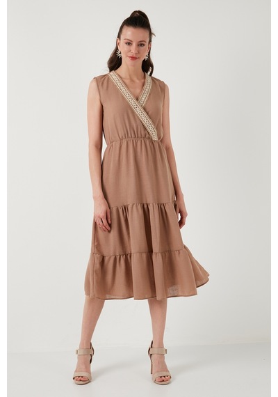 Lela Regular Fit Kruvaze Yaka Midi Bayan Elbise 6118103 Camel