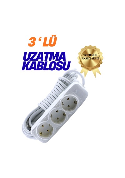 Klc 3'lü Grup Priz 2 Metre Topraklı Çocuk Korumalı Uzatma Kablosu Seyyar Kablo 3lü Priz 3lü 2m Beyaz 1 - 2 M