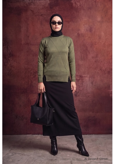 Armine Trend Geometrik Desenli Bisiklet Yaka Uzun Kollu Yan Yırtmaçlı Tunik Haki 26ktd415