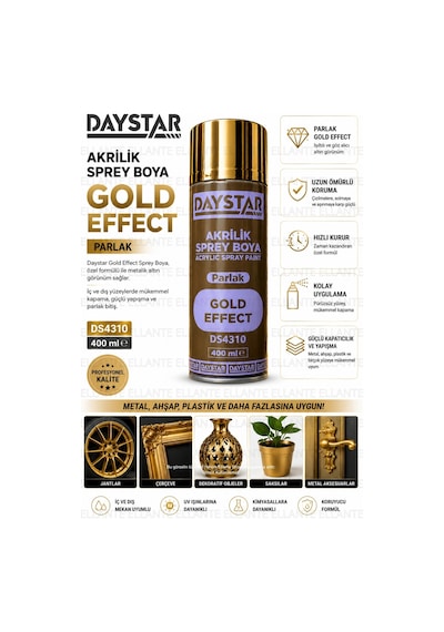 Gold Effect Parlak Altın Akrilik Sprey Boya 400 Ml Metal, Ahşap, Plastik Ve Seramik Uyumlu Çok Renkli