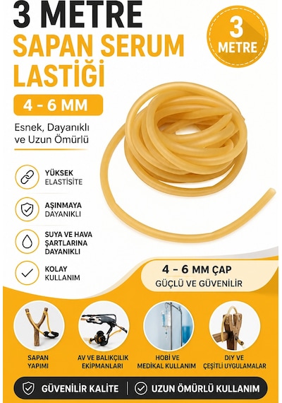 3 Metre Sapan Serum Lastiği 4-6 Mm Güçlü Elastik Kauçuk Avcılık Yedek Sapan Lastiği
