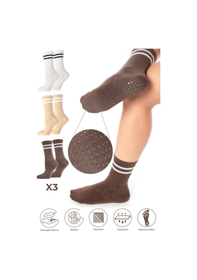 Saysez Bambu Kadın Çok Renkli Kaydırmaz Taban Silikon Baskı Pilates Yoga Fitness Bale Dans Aktivite Tenis Çorabı 3'lü Bej - Kahverengi Saysez Bambu Kadın Çok Renkli Kaydırmaz Taban Silikon Baskı Pilates Yoga Fitness Bale Dans Aktivite Tenis Çorabı 3'lü Bej - Kahverengi