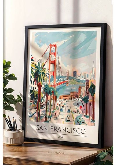 Abd San Francisco Temalı Çerçeveli Tablo Travel Serisi Modern İllüstrasyon Şehir Duvar Dekoru Siyah