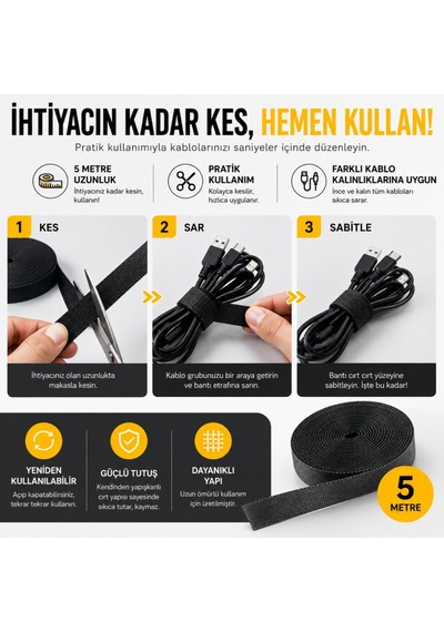 Polham 5 Metre Cırt Cırt Bantlı Kablo Sarıcı Düzenleyici Organizatör Kesilebilir, Yeniden Kullanılabilir