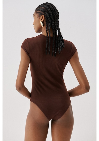 Sagaza Studio Ss6155 Yaka Dantel Detaylı Çıt Çıtlı Body Kahve