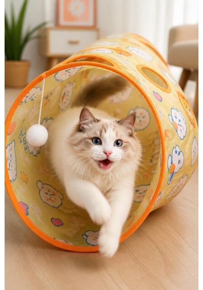 Katlanabilir Kedi Tüneli Oyuncağı Fareli İnteraktif Kedi Tüpü Çökebilir Dayanıklı Polyester Evcil Hayvan Oyun Tüneli Asorti Renk Gönderimli İç Mekan Egzersiz Oyuncağı