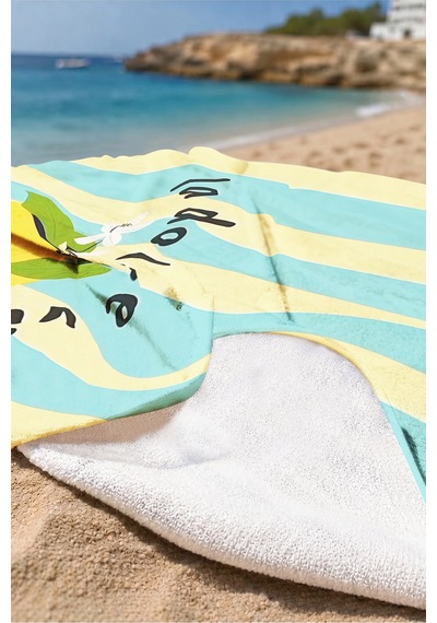 Çizgili Limon La Dolce Vita Temalı Mikrofiber Plaj Havlusu - Akdeniz Sarı Turkuaz Banyo Sahil Örtüsü Mat Porselen