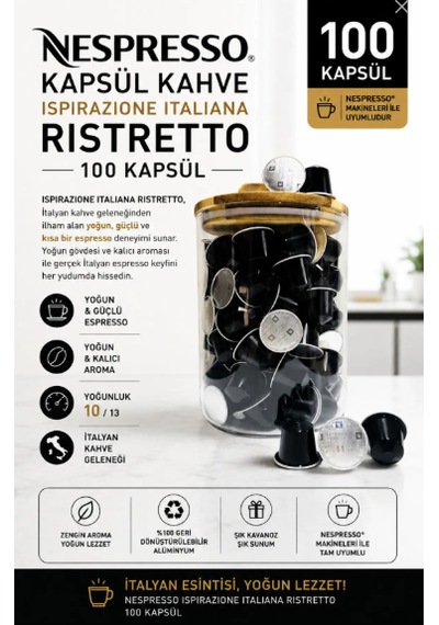 Kapsül Kahve Rıstretto 100 Kapsül + Cam Saklama Kutusu Hediyeli