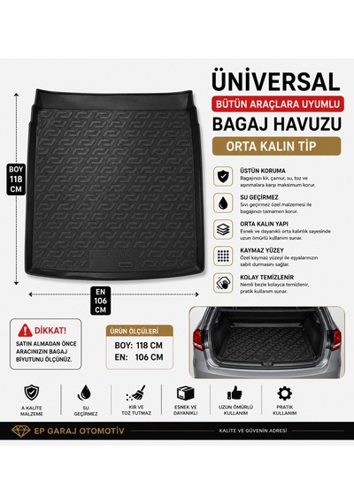 Üniversal Bagaj Havuzu Orta Kalın Tip Tüm Araçlara Uyumlu Boy 118 Cm En 106 Cm