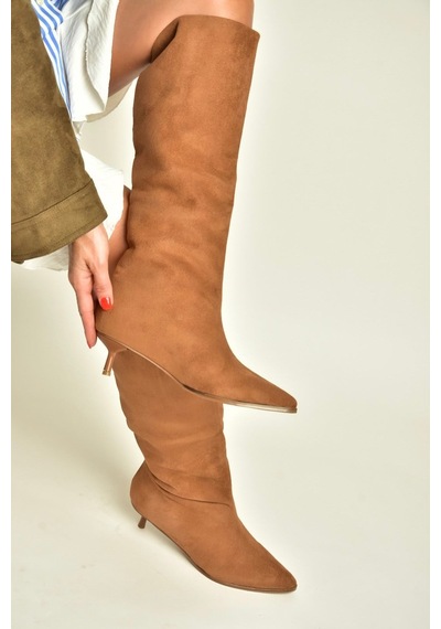 Fox Shoes Z726103402 Taba Süet Kısa İnce Topuklu Kadın Çizme