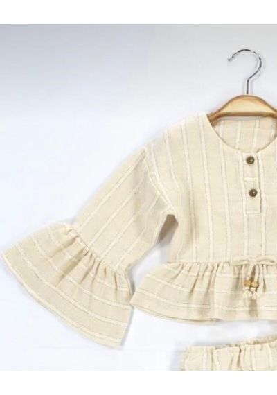 Babyhola Kız Bebek Çocuk Bayramlık Takım Volan Kollu Simli Müslin 2011 Bej