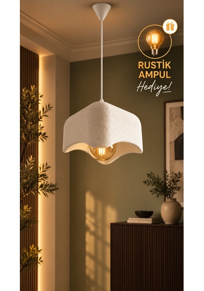 Beton Görünümlü Tekli Kare Sarkıt Avize Modern Bohem Salon Mutfak G95 Rustik Led Ampul Hediyeli Beyaz
