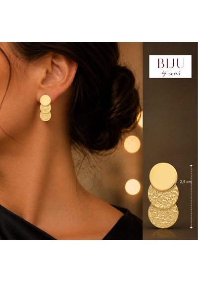 Biju By Servi Solis Geometrik Üçlü Yuvarlak Dokulu Altın Renk Küpe-275 Gold