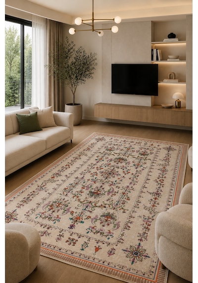 Floral Elegance Desen Baskılı Kaymaz Yıkanabilir Salon Oturma Odası Mutfak Balkon Halısı Yolluk krem