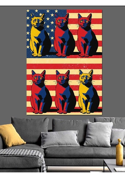 Renkli Kedi Pop Art Dekoratif Kanvas - Mdf Ahşap Tablo