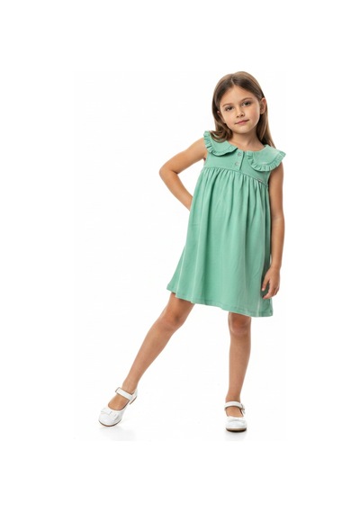 Toontoy Kids Toontoy Kız Çocuk Regular Fit Bebe Yaka Düğmeli Kısa Kollu Elbise 25049 Yeşil