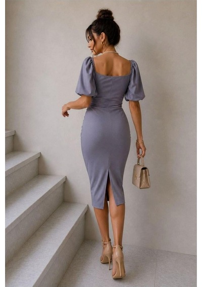 Store Krep Yaka Elbise Kemerli V Kumaş Abiye Gri - 935902030 Gri