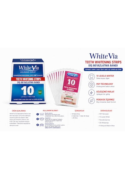WhiteVia Pap Technology Diş Beyazlatma Bandı Şeffaf Peroksitsiz Diş Beyazlatıcı Bant 10 Paket 20 Strip