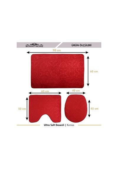 Ultrasoft Desenli Kırmızı 3 Lü Banyo Paspası Halısı Seti Kaymaz T Kırmızı