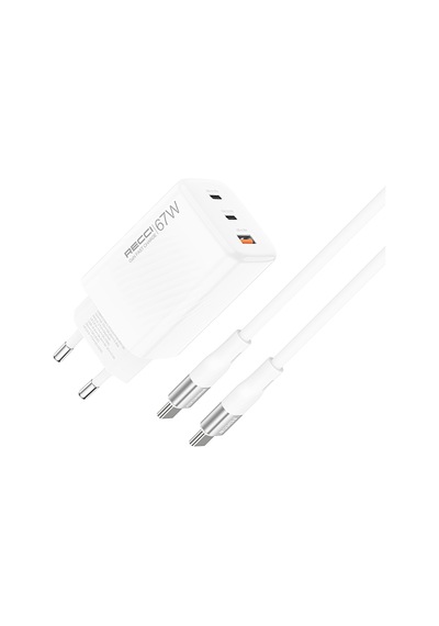 Recci Rc85e Gan Teknolojili Hızlı Şarj Başlığı Usb-a To Type-c Pd 67w Kablolu Şarj Seti Beyaz