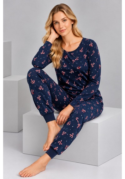 Pijamask Kadın Lacivert Baston Şeker Desenli Pamuklu Pijama Takımı Lacivert