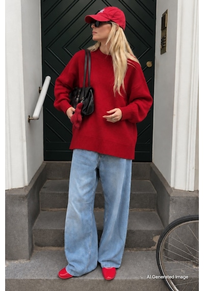 Madmext Kırmızı Bisiklet Yaka Oversize Uzun Kadın Triko Kazak Mg2890